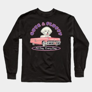 Cute Bichon Frise Driving vintage Classic pink cadillac while shopping Long Sleeve T-Shirt